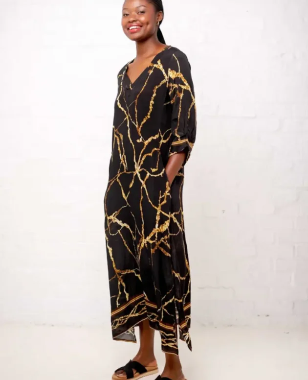 Gloria Tucked Sleeve Dress Black And Gold Marble