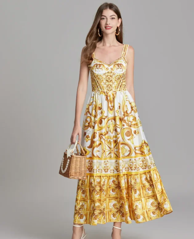 Golden Print Corset Vest Suspender Satin Dress