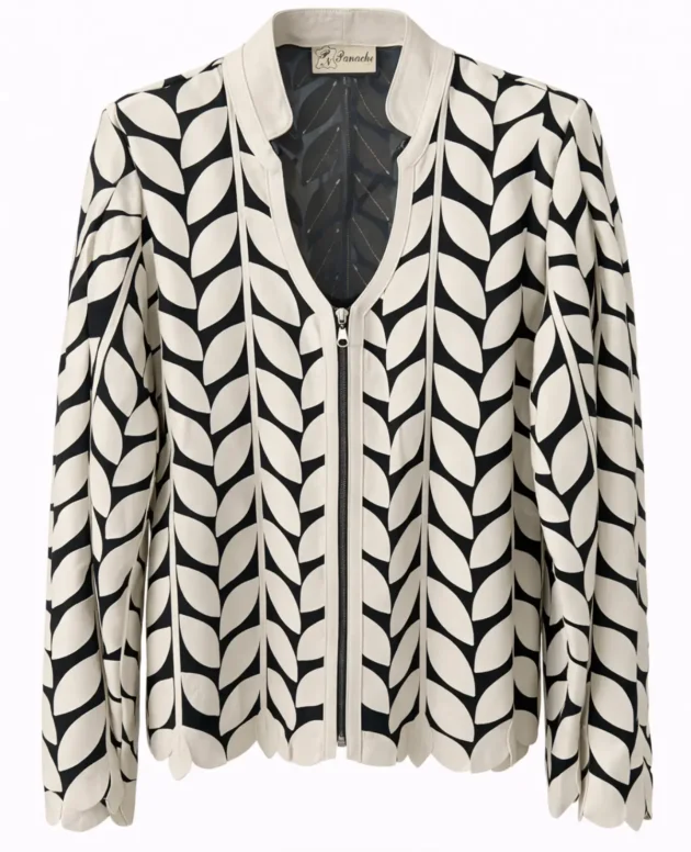 Genuine Leather Light Grey Leaf Patterned Jacket