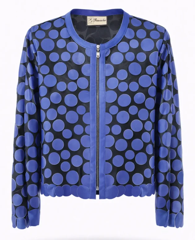 Genuine Leather Blue Polkadot Patterned Jacket