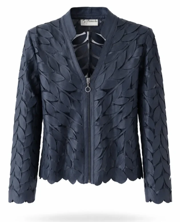 Genuine Leather Navy Leaf Patterned Jacket