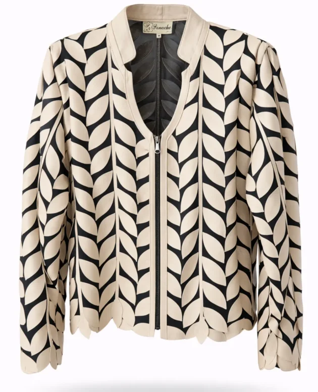 Genuine Leather Beige Leaf Patterned Jacket