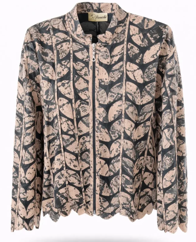 Genuine Leather Snake Print Leaf Patterned Jacket