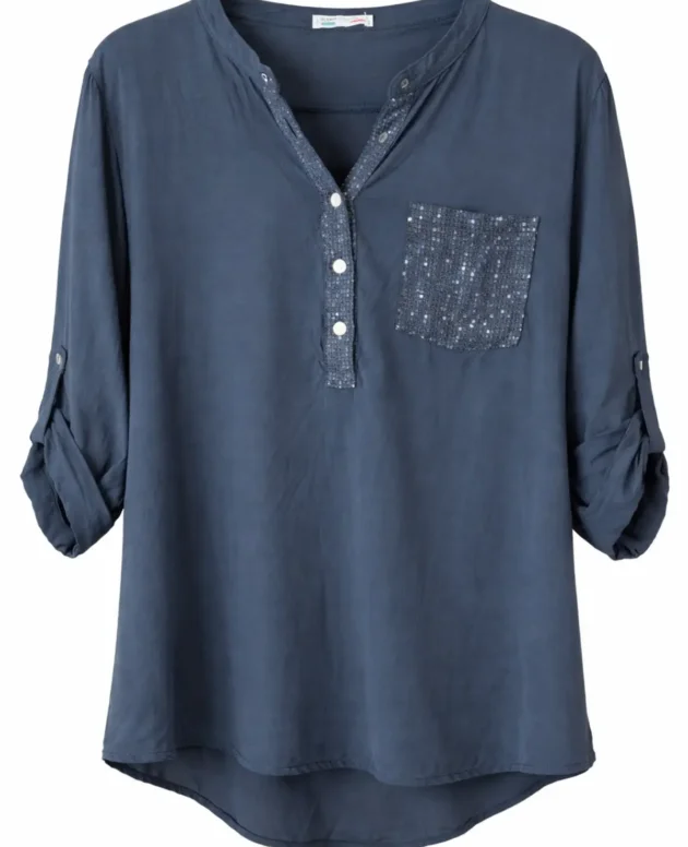 Sequin Pocket Viscose Blouse - Navy