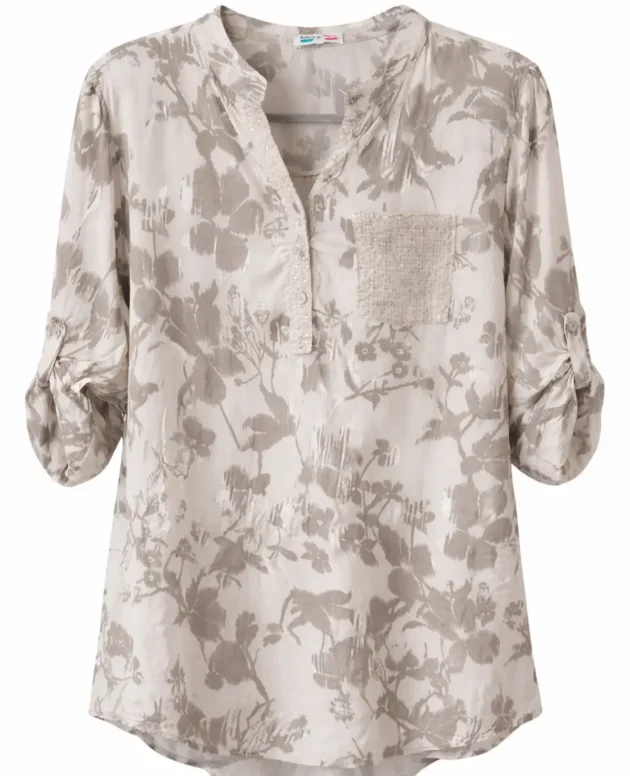 Sequin Pocket Viscose Blouse - White and Taupe Floral