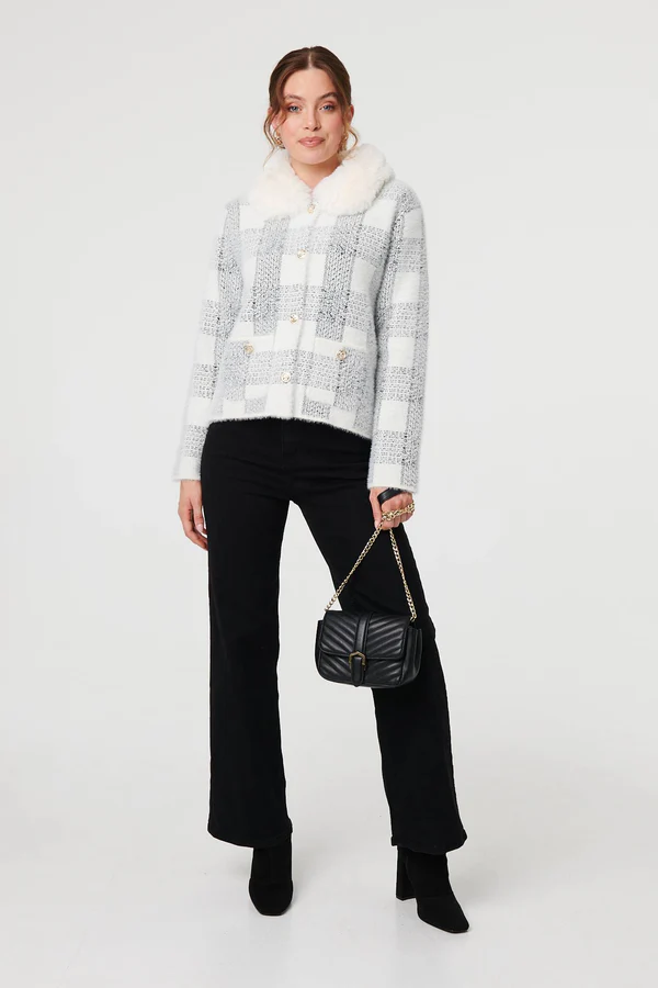 Button Through Check Knitwear Jacket With Sherpa Collar - White - Image 2