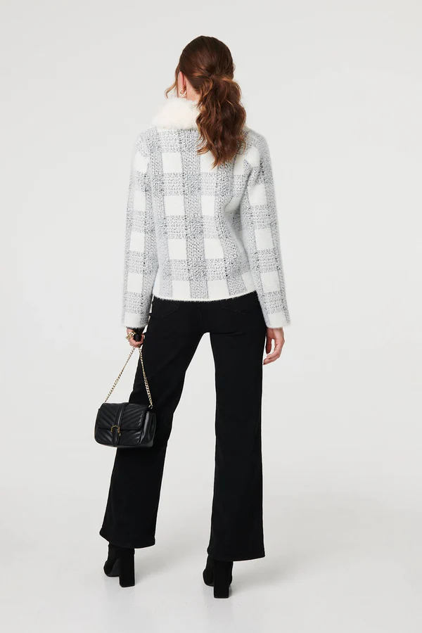 Button Through Check Knitwear Jacket With Sherpa Collar - White - Image 3