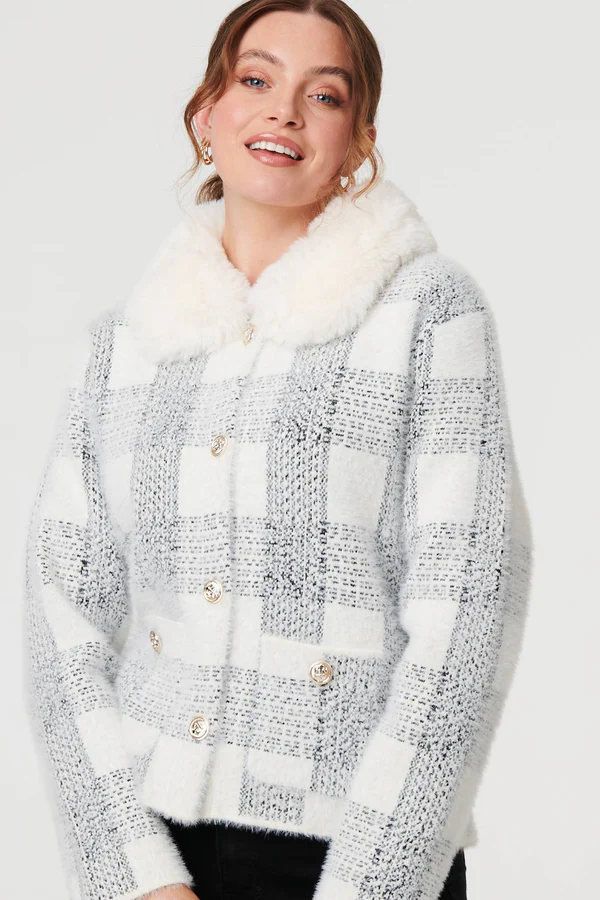 Button Through Check Knitwear Jacket With Sherpa Collar - White - Image 4