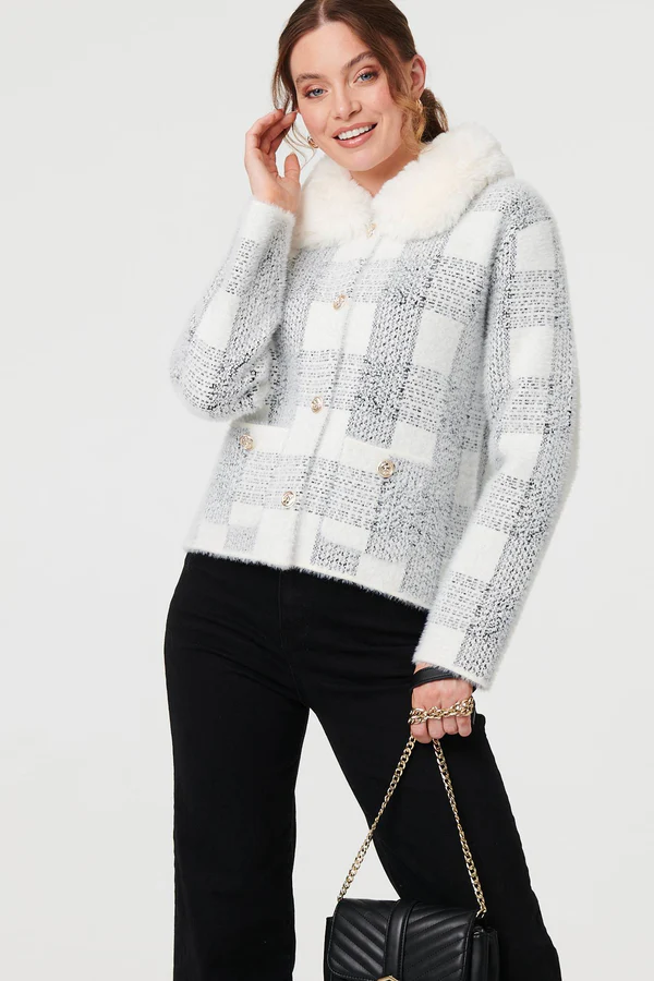 Button Through Check Knitwear Jacket With Sherpa Collar - White - Image 5