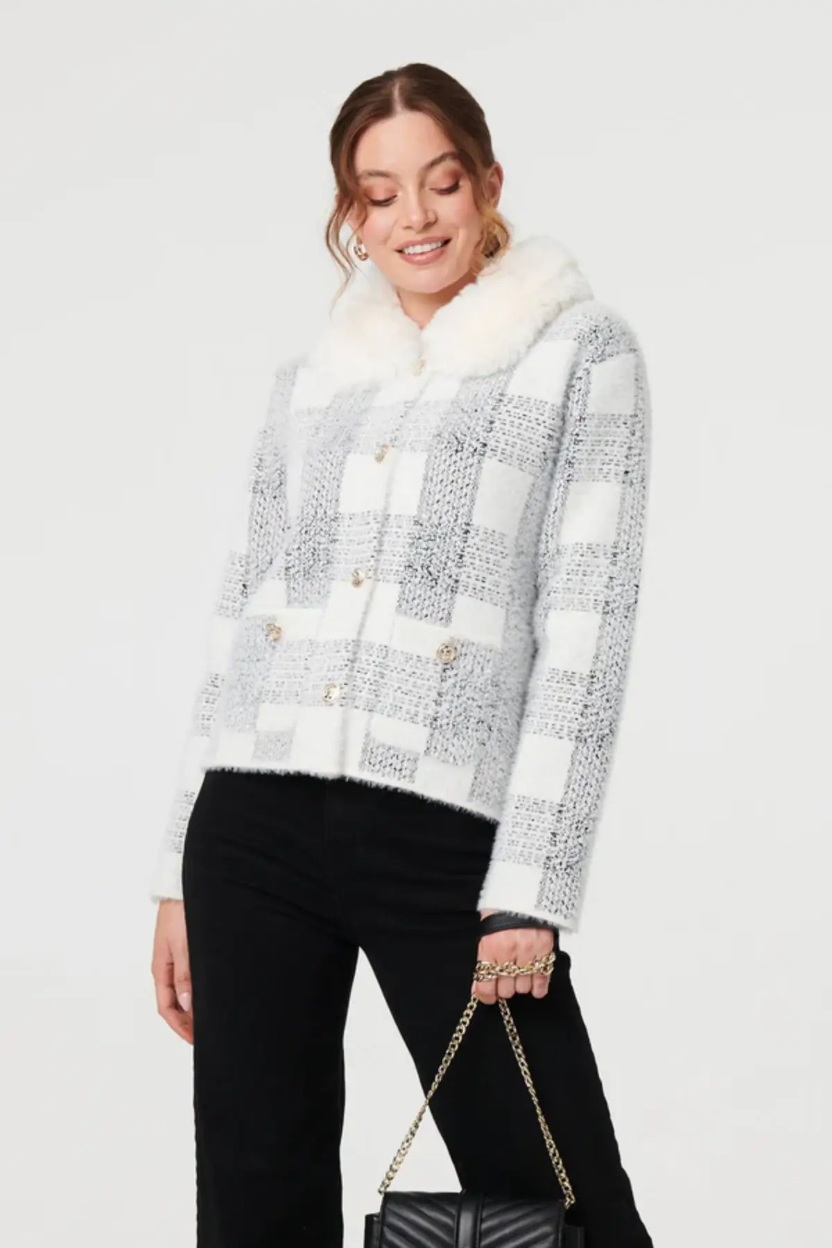 Button Through Check Knitwear Jacket With Sherpa Collar - White