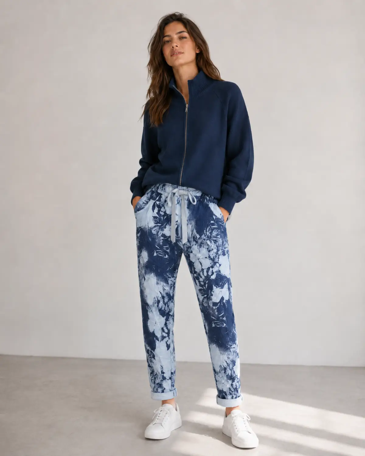 Navy Print Flower Print Pants - Blue - Image 3