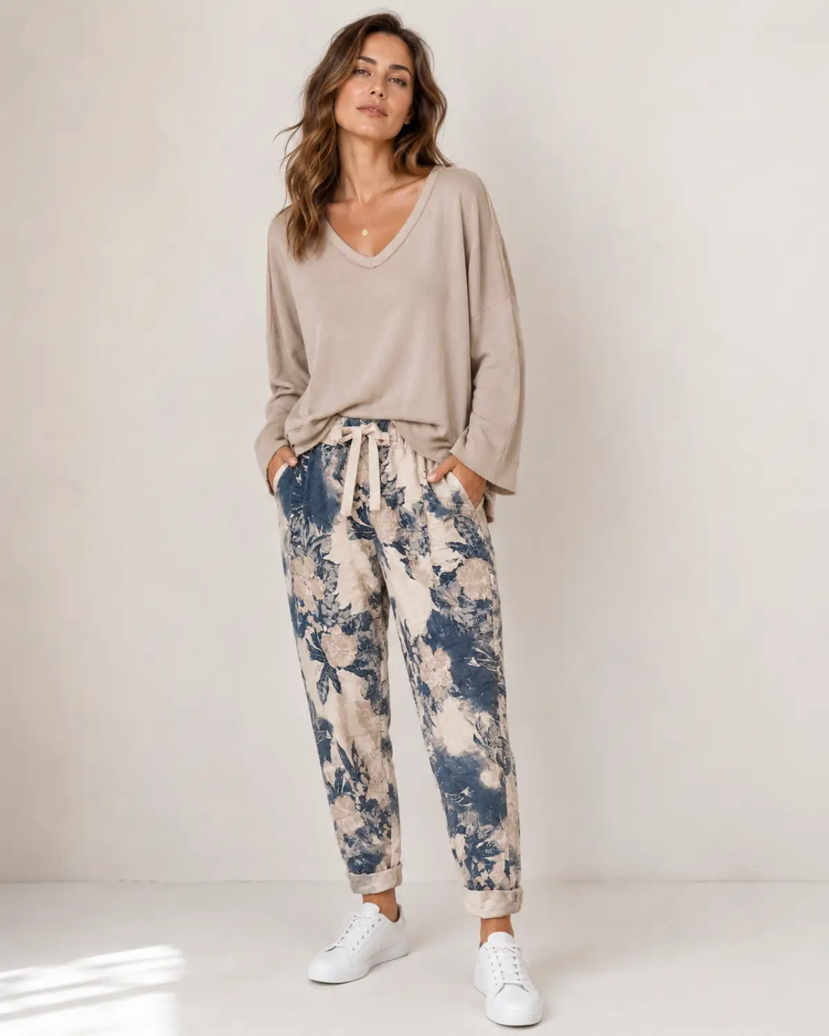 Navy Print Flower Print Pants – Beige - Image 3