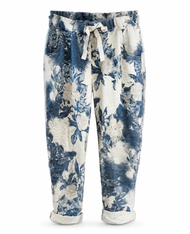 Navy Print Flower Print Pants – Beige