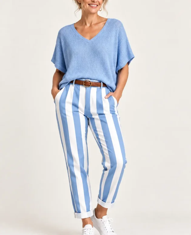 Light Blue – Maia Stripe Pants With Belt