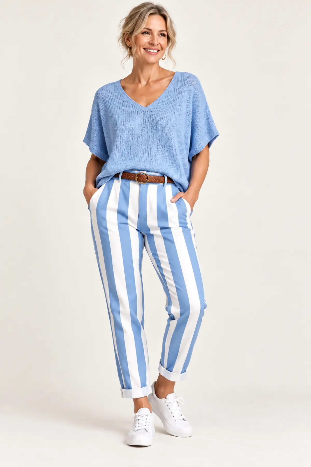 Light Blue – Maia Stripe Pants With Belt