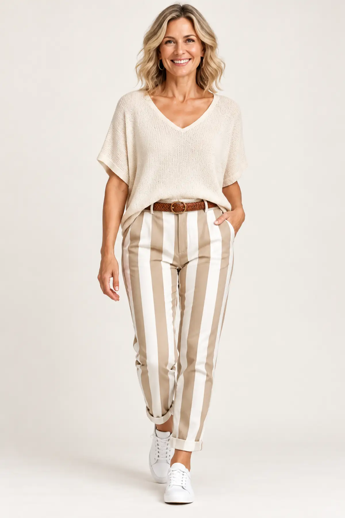 Beige – Maia Stripe Pants With Belt