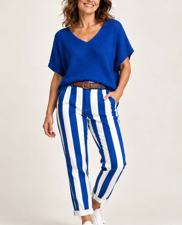 Royal Blue – Maia Stripe Pants With Belt