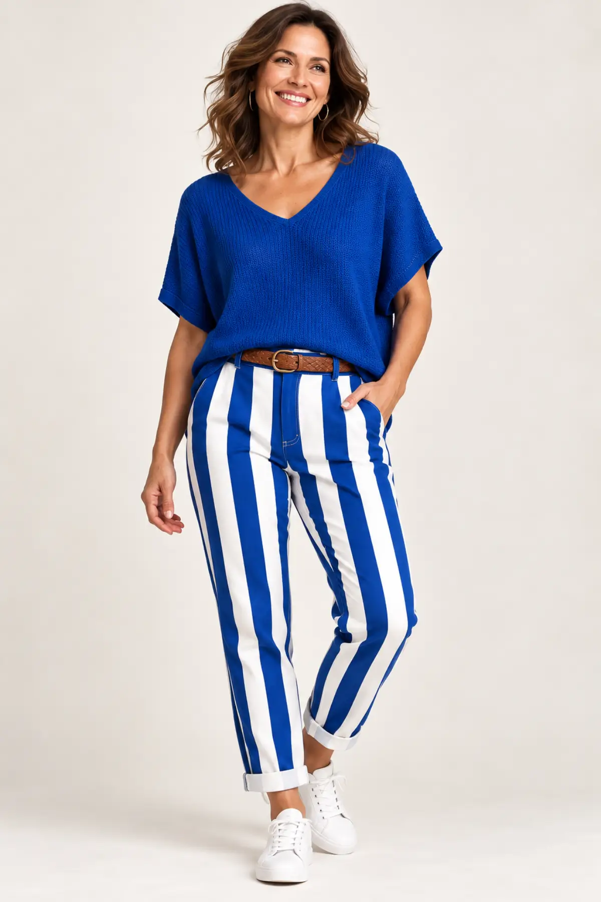 Royal Blue – Maia Stripe Pants With Belt