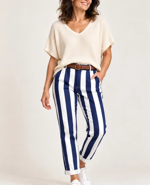 Navy - Maia Stripe Pants With Belt